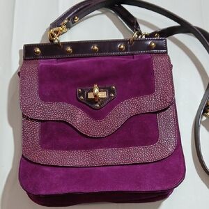 💜 Nanette Lepore Purple Suede & Crocodile Leather Saddle Bag Purse